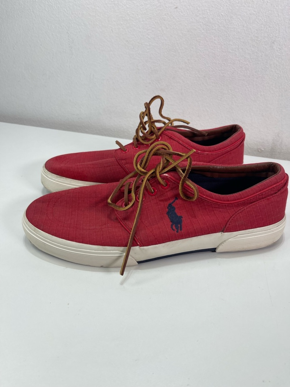 Polo Ralph Lauren Canvas Low Top Sneakers Red Leather Lace Pony Logo Men 9.5 D